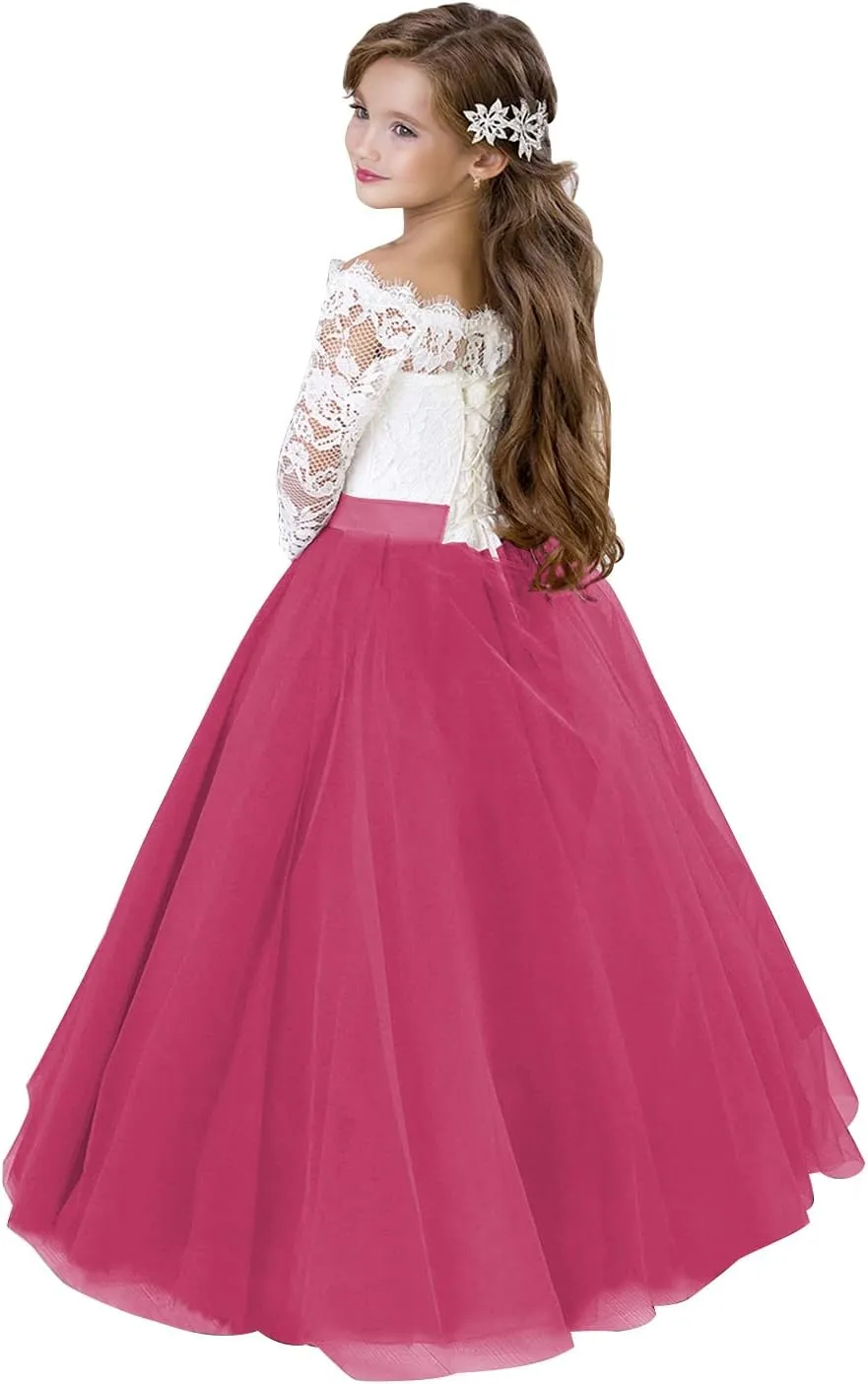 Flower Girl Dress Long Sleeve Kids Lace Pageant Party Christmas Ball Gown First Communion Dresses