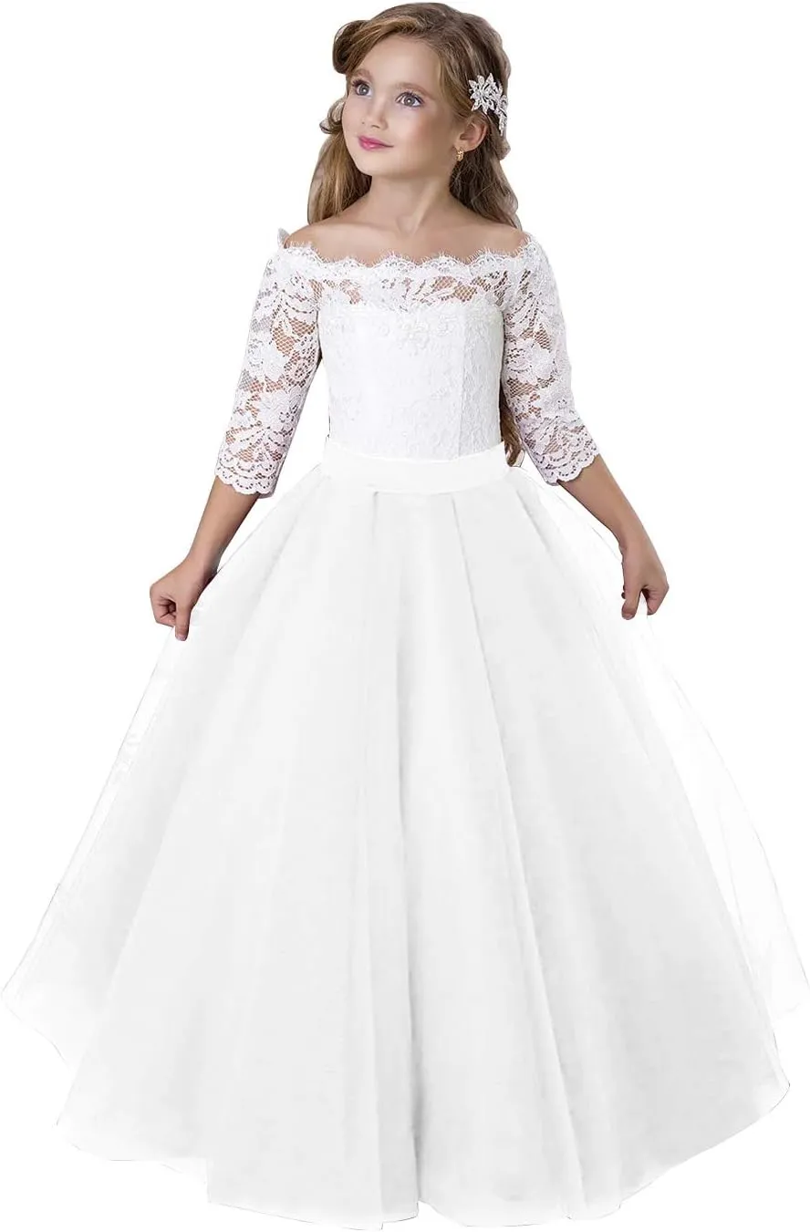 Flower Girl Dress Long Sleeve Kids Lace Pageant Party Christmas Ball Gown First Communion Dresses
