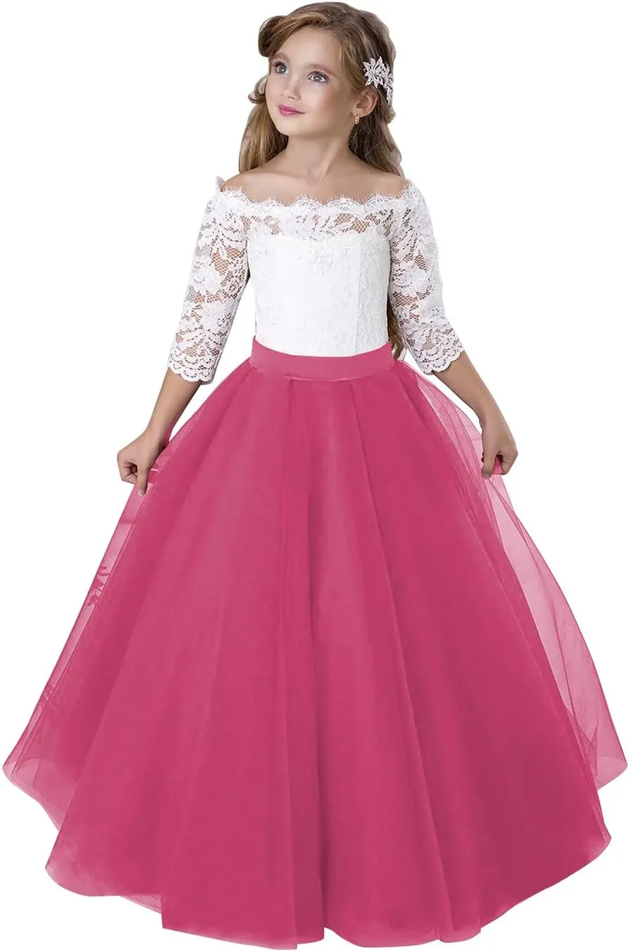 Flower Girl Dress Long Sleeve Kids Lace Pageant Party Christmas Ball Gown First Communion Dresses