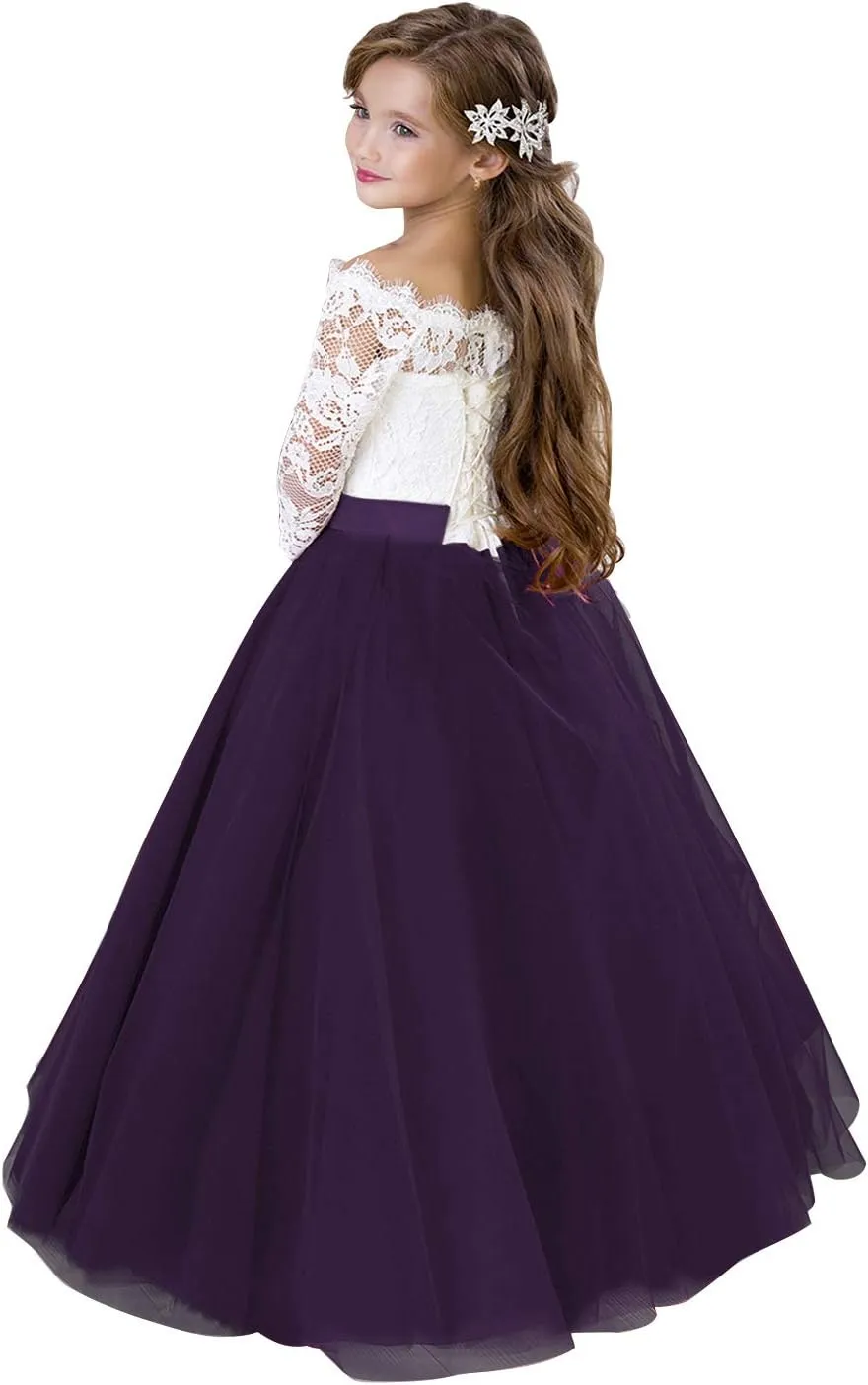 Flower Girl Dress Long Sleeve Kids Lace Pageant Party Christmas Ball Gown First Communion Dresses