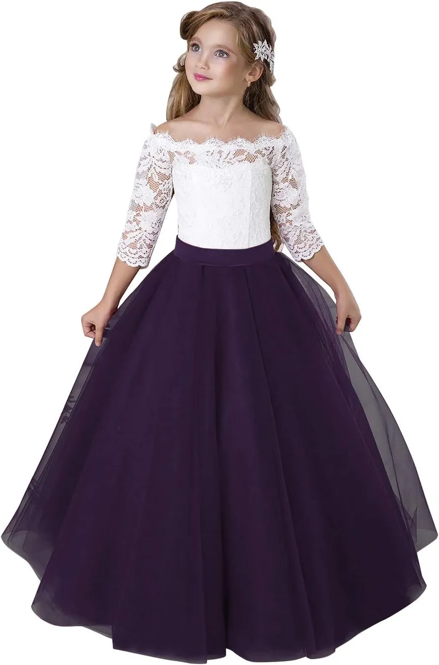 Flower Girl Dress Long Sleeve Kids Lace Pageant Party Christmas Ball Gown First Communion Dresses