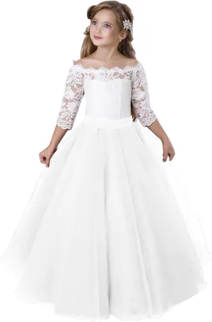Flower Girl Dress Long Sleeve Kids Lace Pageant Party Christmas Ball Gown First Communion Dresses