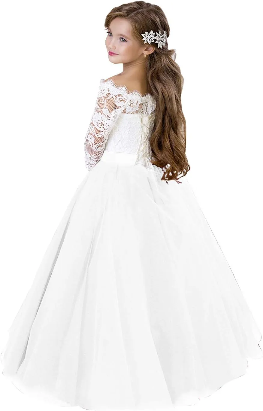 Flower Girl Dress Long Sleeve Kids Lace Pageant Party Christmas Ball Gown First Communion Dresses