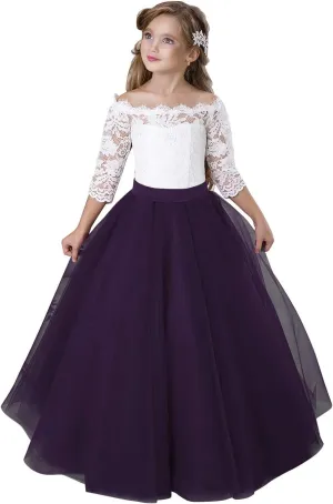 Flower Girl Dress Long Sleeve Kids Lace Pageant Party Christmas Ball Gown First Communion Dresses