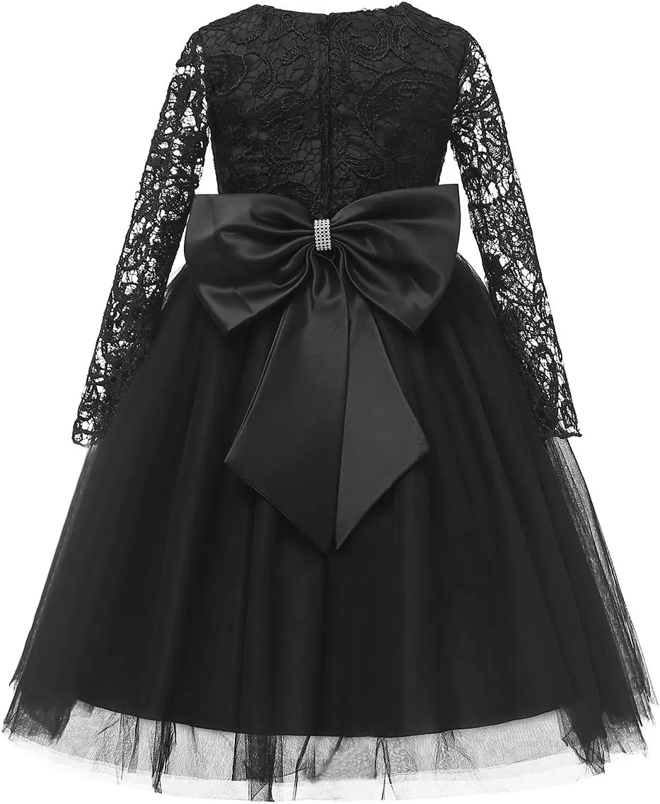 Flower Girl Dress Long Sleeves Lace Top Tulle Skirt Girls Lace Party Dresses