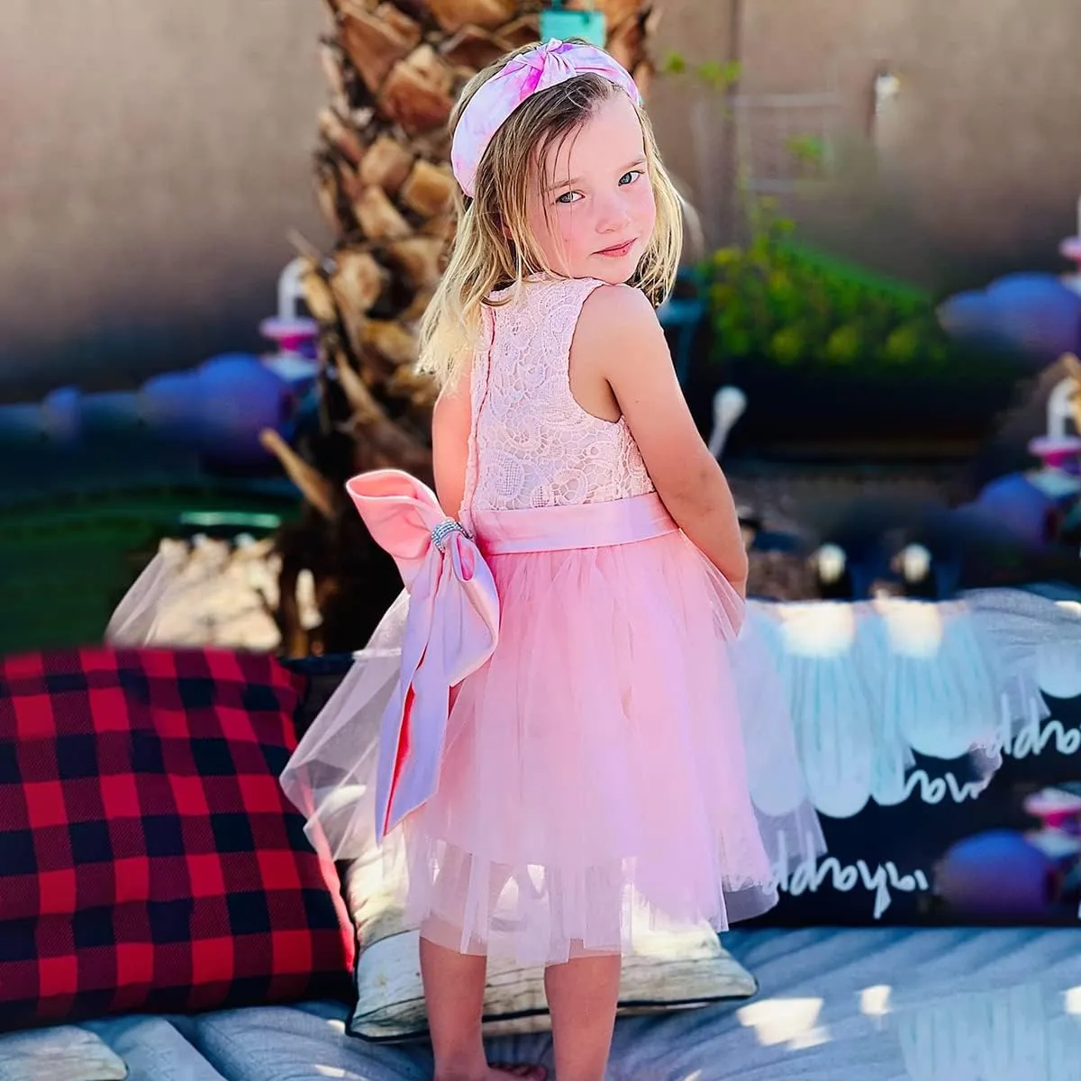 Flower Girl Dress Long Sleeves Lace Top Tulle Skirt Girls Lace Party Dresses