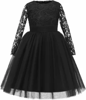 Flower Girl Dress Long Sleeves Lace Top Tulle Skirt Girls Lace Party Dresses