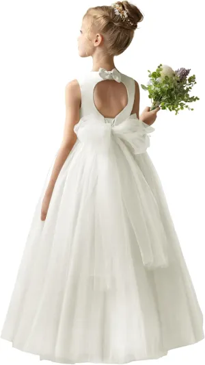 Flower Girl Dresses for Wedding Puffy Satin Tulle Princess Pageant Dress for Girls Crew Neck Tulle Bow Prom Ball Gowns