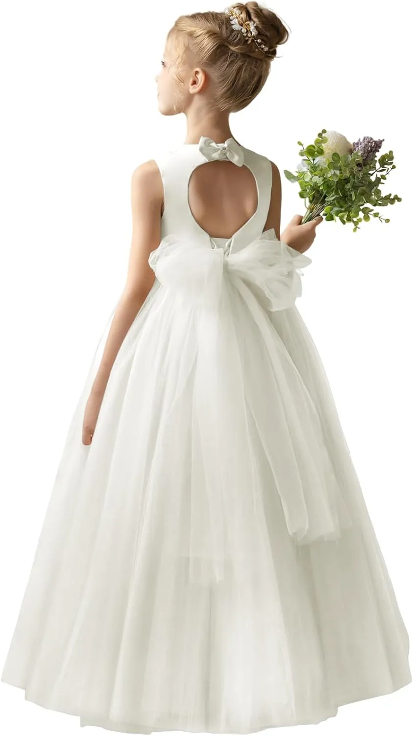 Flower Girl Dresses for Wedding Puffy Satin Tulle Princess Pageant Dress for Girls Crew Neck Tulle Bow Prom Ball Gowns