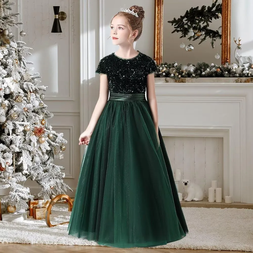 Flower Girl Dresses Wedding Bridesmaid Sequins Tulle Puffy Skirt Girls Birthday Party Pageant Gown Floor Length