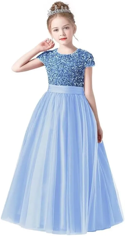Flower Girl Dresses Wedding Bridesmaid Sequins Tulle Puffy Skirt Girls Birthday Party Pageant Gown Floor Length