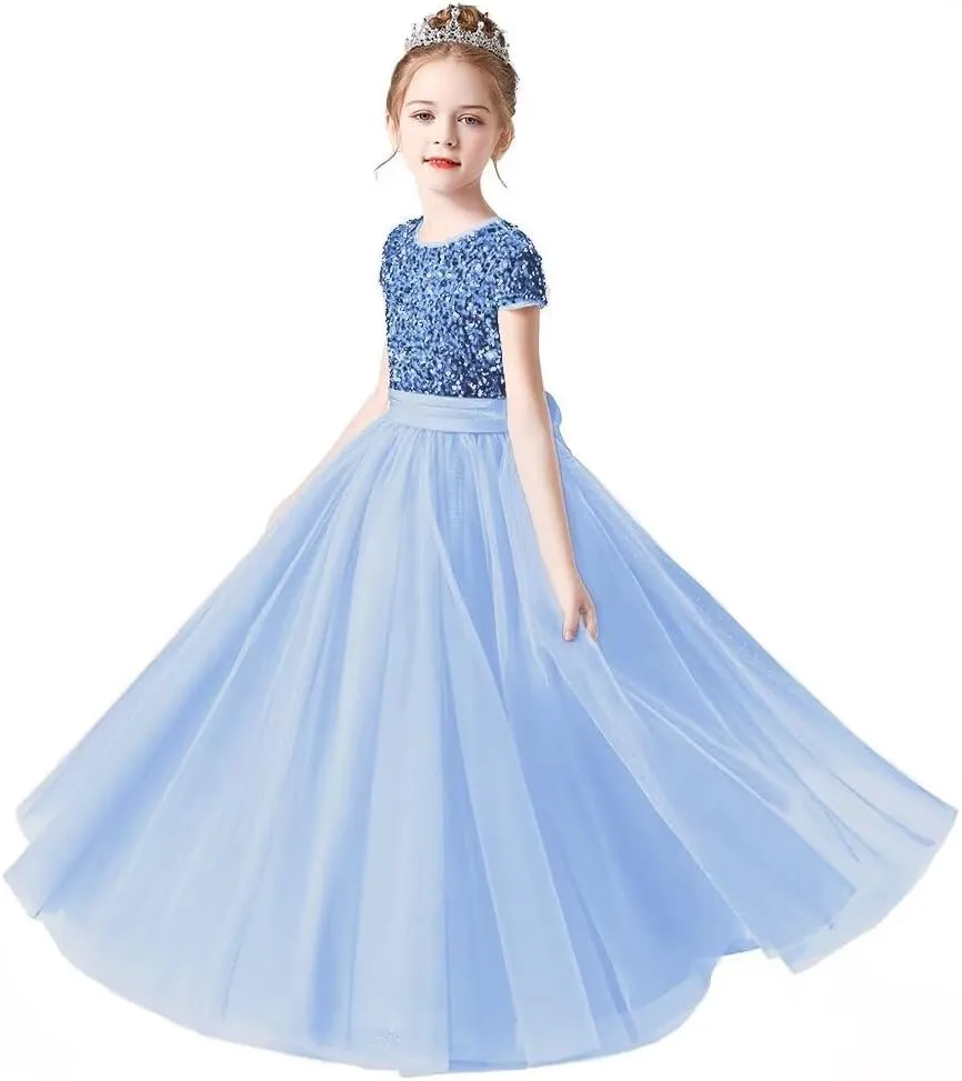 Flower Girl Dresses Wedding Bridesmaid Sequins Tulle Puffy Skirt Girls Birthday Party Pageant Gown Floor Length