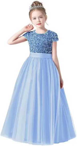 Flower Girl Dresses Wedding Bridesmaid Sequins Tulle Puffy Skirt Girls Birthday Party Pageant Gown Floor Length