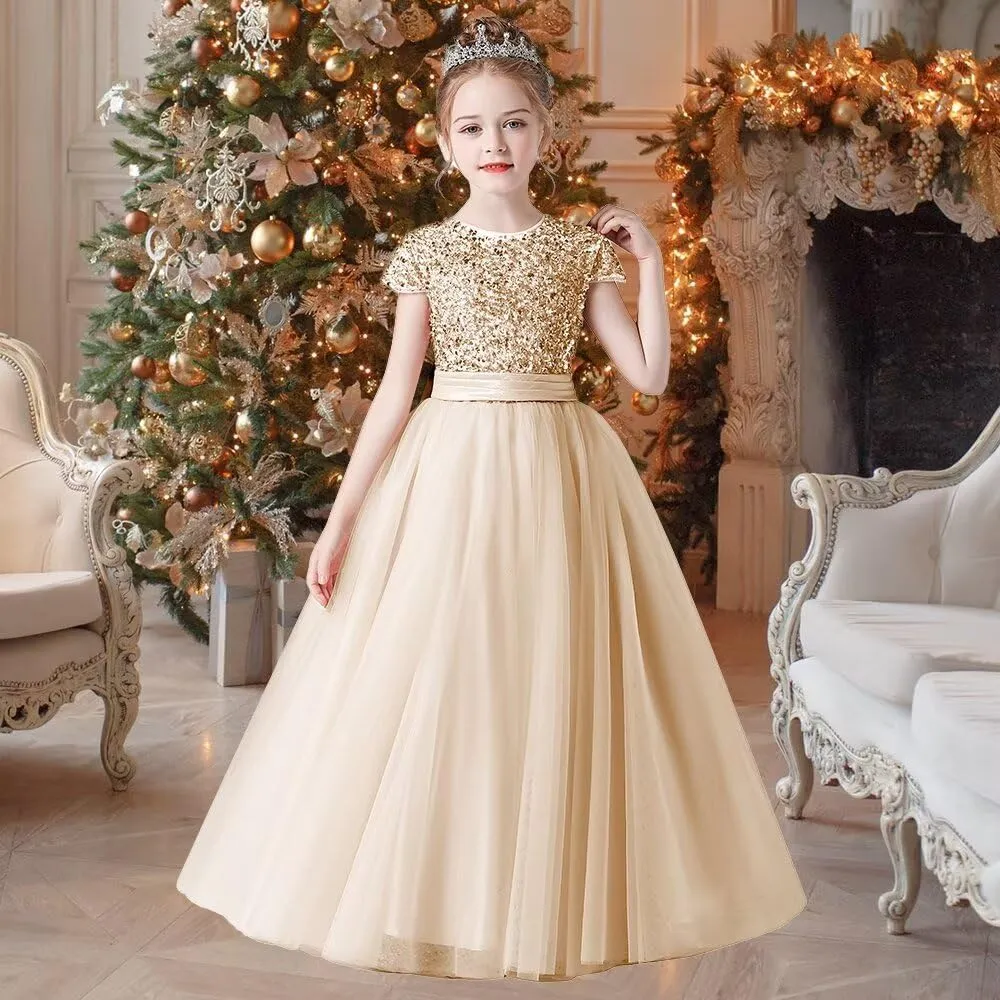 Flower Girl Dresses Wedding Bridesmaid Sequins Tulle Puffy Skirt Girls Birthday Party Pageant Gown Floor Length