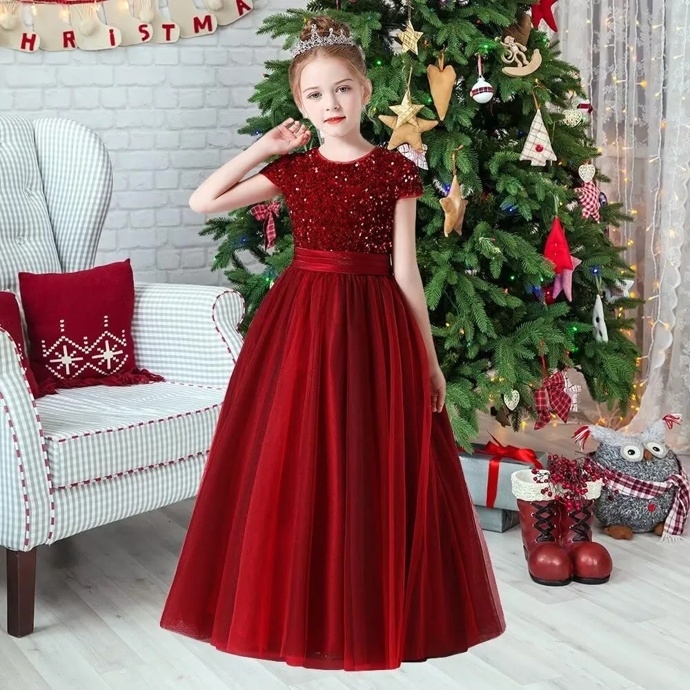 Flower Girl Dresses Wedding Bridesmaid Sequins Tulle Puffy Skirt Girls Birthday Party Pageant Gown Floor Length