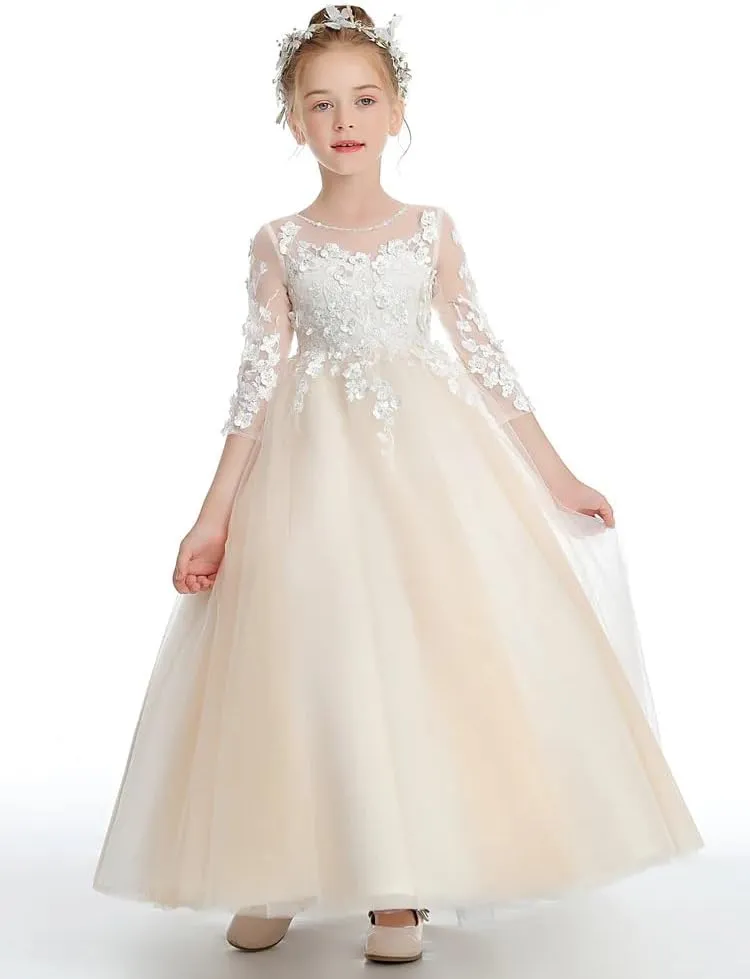 Flower Girls Dresses for Wedding Lace Appliques Birthday Party Gowns First Communnion Dress for Girls PT067