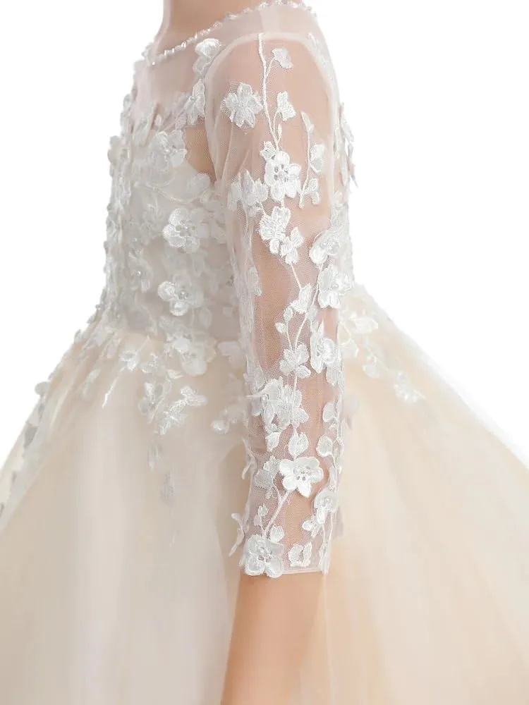 Flower Girls Dresses for Wedding Lace Appliques Birthday Party Gowns First Communnion Dress for Girls PT067
