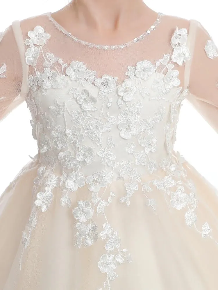 Flower Girls Dresses for Wedding Lace Appliques Birthday Party Gowns First Communnion Dress for Girls PT067