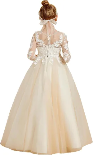 Flower Girls Dresses for Wedding Lace Appliques Birthday Party Gowns First Communnion Dress for Girls PT067