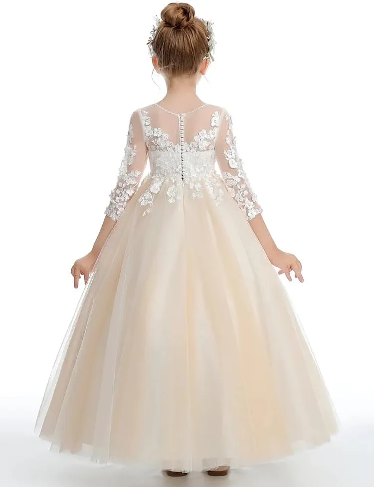 Flower Girls Dresses for Wedding Lace Appliques Birthday Party Gowns First Communnion Dress for Girls PT067