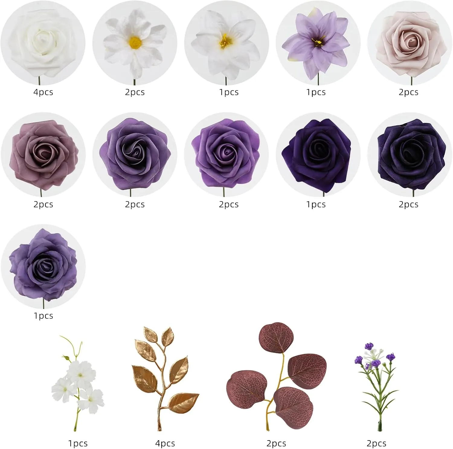 Floweroyal Artificial Flowers Combo Purple Flowers Mix Silk Flowers Fake Roses with Stems for DIY Wedding Bridal Bouquets, Baby Shower, Floral Arrangement, Table Centerpieces, Home Decorations