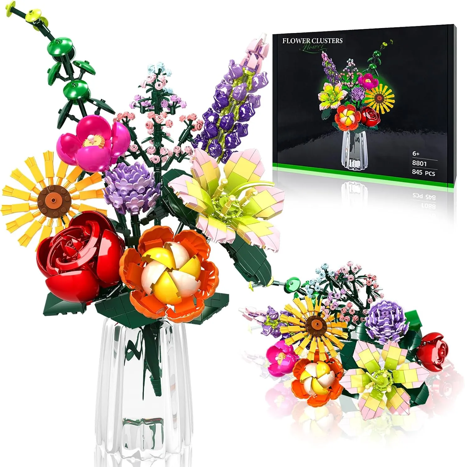 Flowers Bouquet Building Set, 9 Kinds of Flowers Home Office Creative Decorative for Father's Day, Birthdays, Christmas Day Gifts, Gift for 6  Girls Women Adults, No Vase