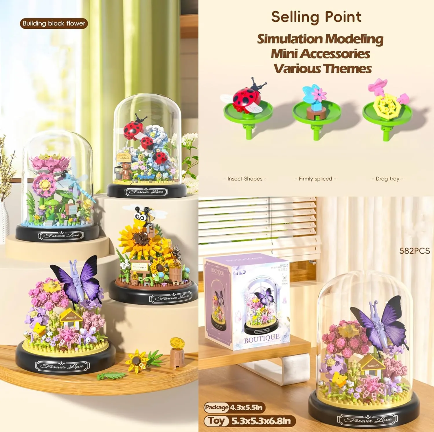 Flowers Butterflies Home Bouquets Building Toy with Dust Cover - Creative Housewarming, Ideal Creative Toy Gift for Moms and Women