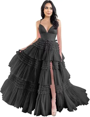 ForElise Tulle Prom Dresses for Teens 2025 Ruffle Tiered Spaghetti Strap Long Ball Gown with Slit