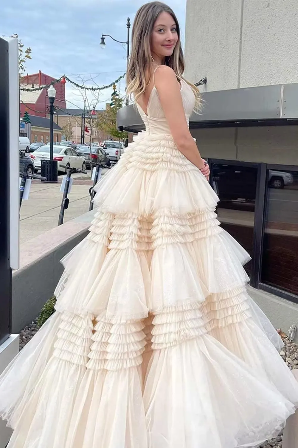 ForElise Tulle Prom Dresses for Teens 2025 Ruffle Tiered Spaghetti Strap Long Ball Gown with Slit