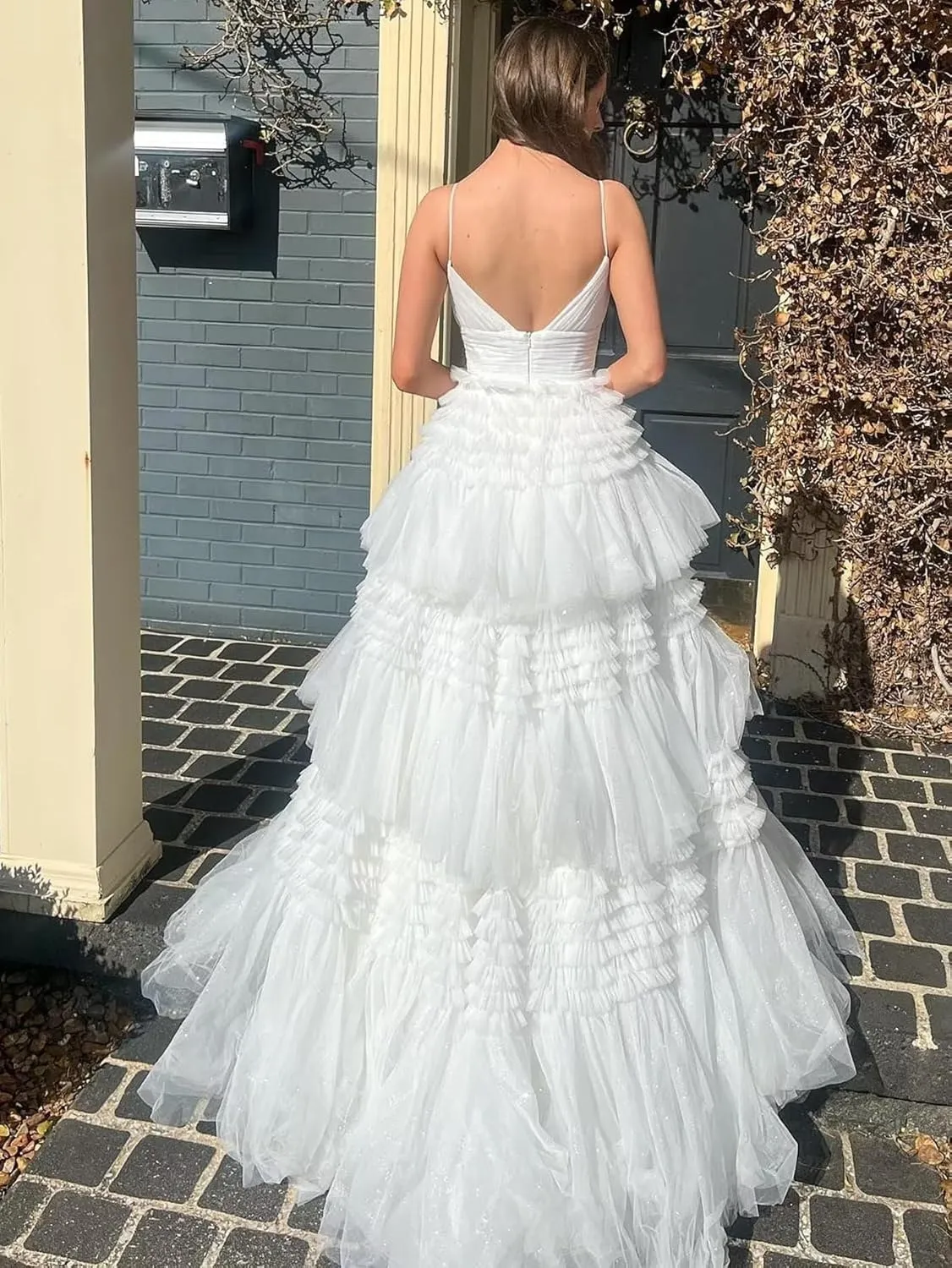 ForElise Tulle Prom Dresses for Teens 2025 Ruffle Tiered Spaghetti Strap Long Ball Gown with Slit