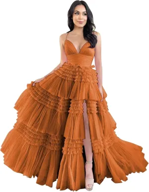 ForElise Tulle Prom Dresses for Teens 2025 Ruffle Tiered Spaghetti Strap Long Ball Gown with Slit