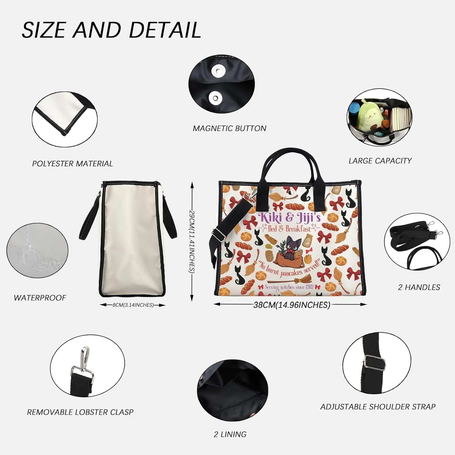 FOTAP Kiki's Anime Lover Gift Kiki&Jiji’s Bed And Breakfast Inspire Tote Bag Black Cat Lover Handbag Animated Movie Gift