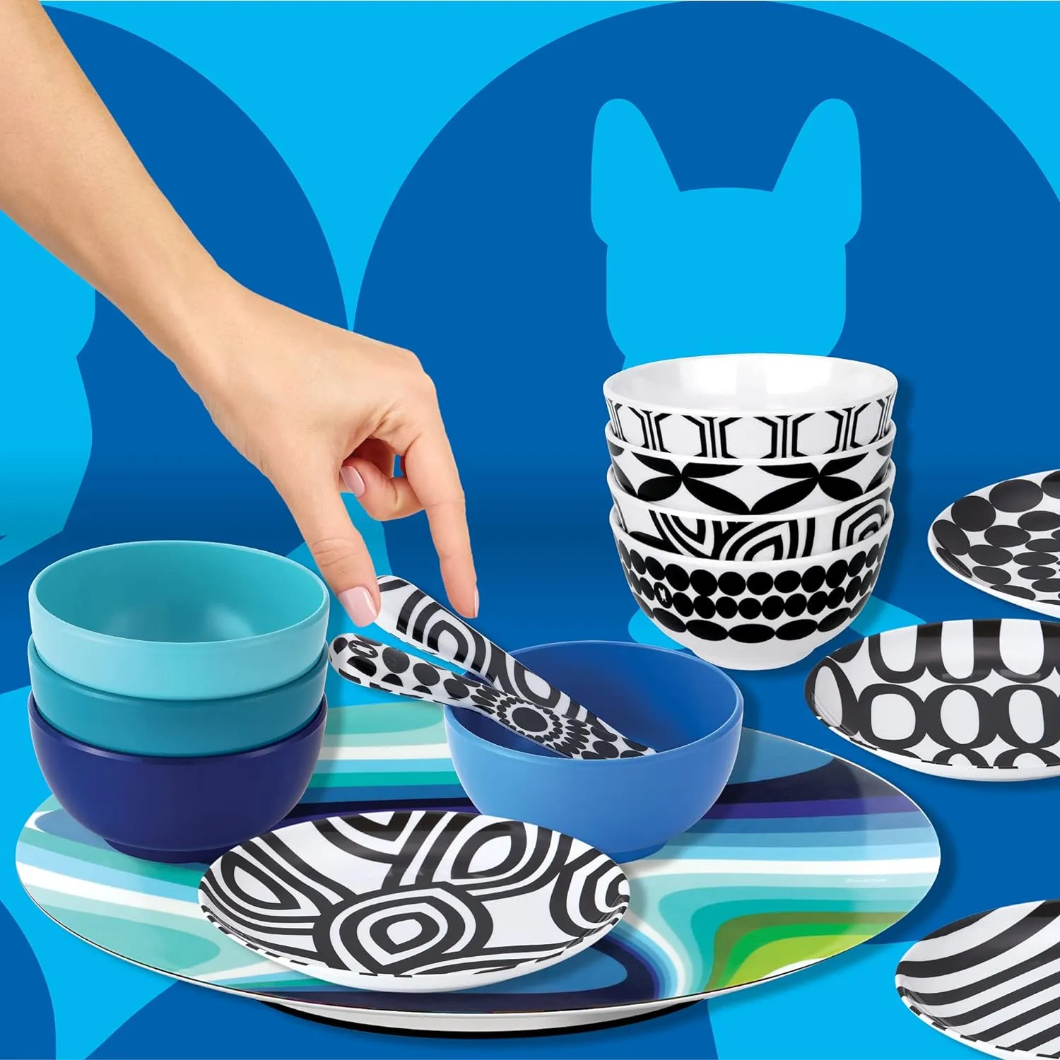 French Bull Melamine Assorted Plates-6 Piece Set -Melamine Dinnerware-Platter, Serving, Party, Platter, Dish (6" Appetizer Plate, Black & White)