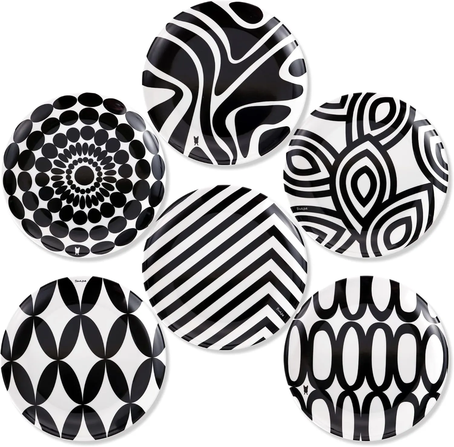 French Bull Melamine Assorted Plates-6 Piece Set -Melamine Dinnerware-Platter, Serving, Party, Platter, Dish (6" Appetizer Plate, Black & White)