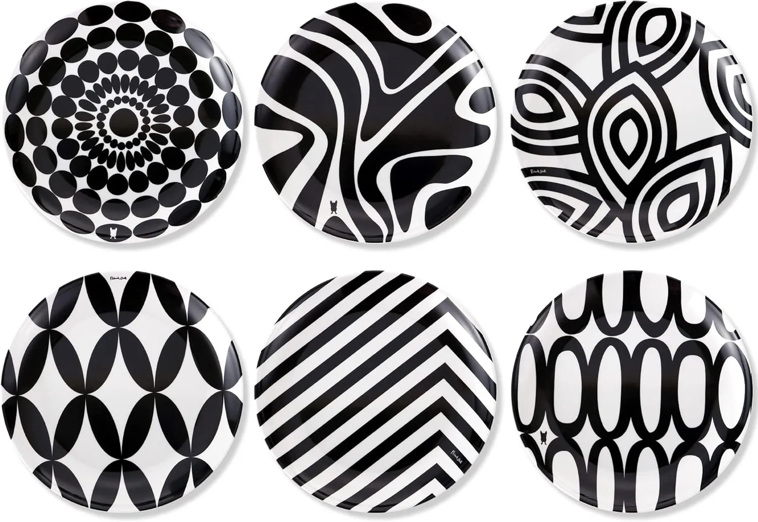 French Bull Melamine Assorted Plates-6 Piece Set -Melamine Dinnerware-Platter, Serving, Party, Platter, Dish (6" Appetizer Plate, Black & White)