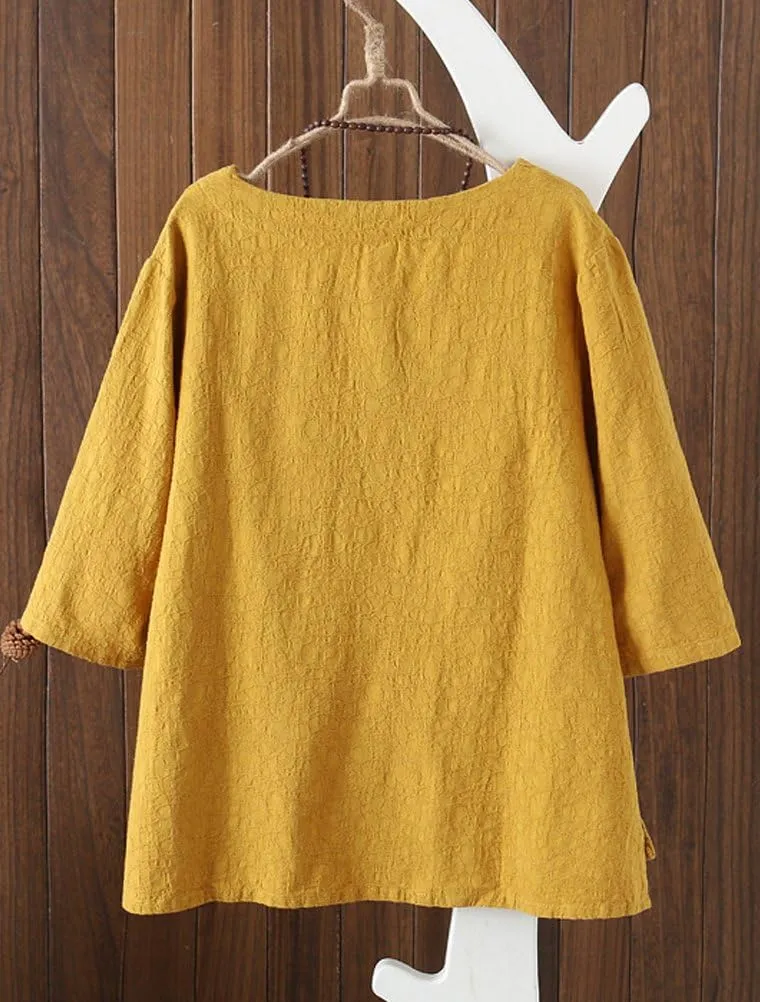 FTCayanz Women's Linen Tops Shirts Summer Casual Jacquard Tunic Blouse