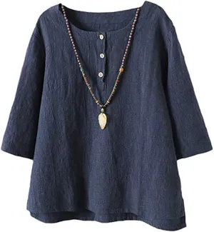 FTCayanz Women's Linen Tops Shirts Summer Casual Jacquard Tunic Blouse
