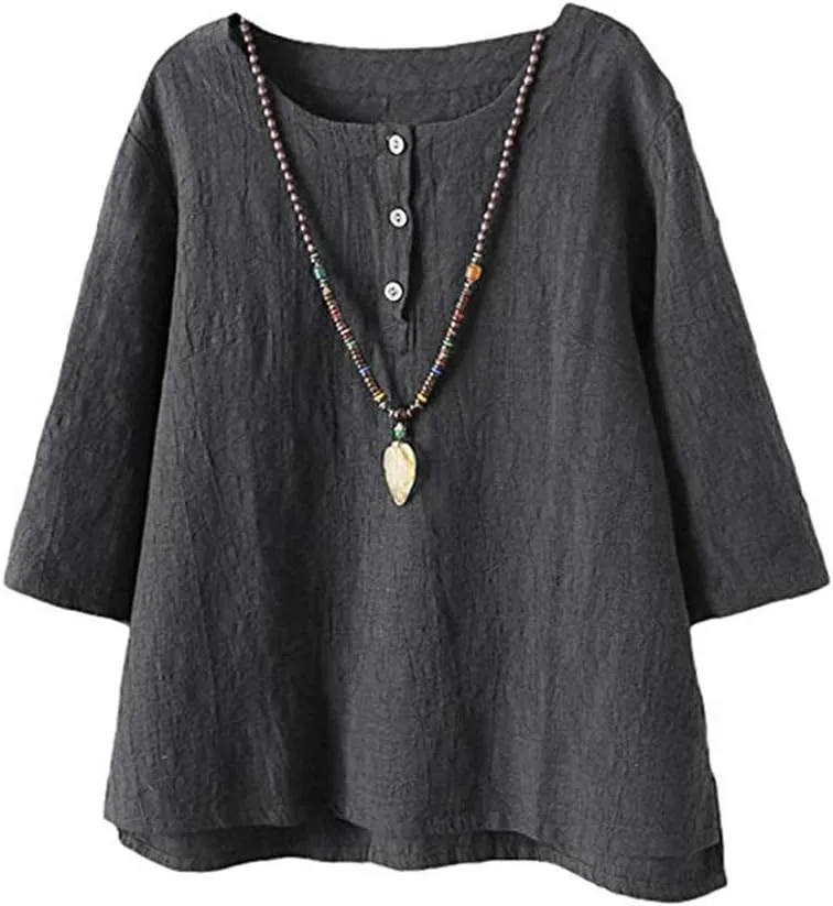 FTCayanz Women's Linen Tops Shirts Summer Casual Jacquard Tunic Blouse