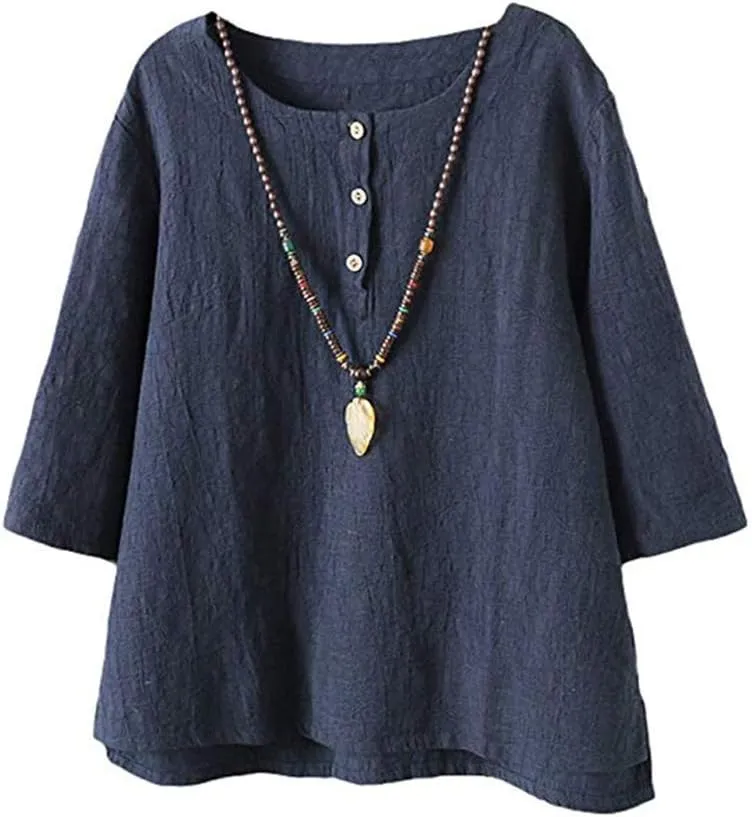 FTCayanz Women's Linen Tops Shirts Summer Casual Jacquard Tunic Blouse