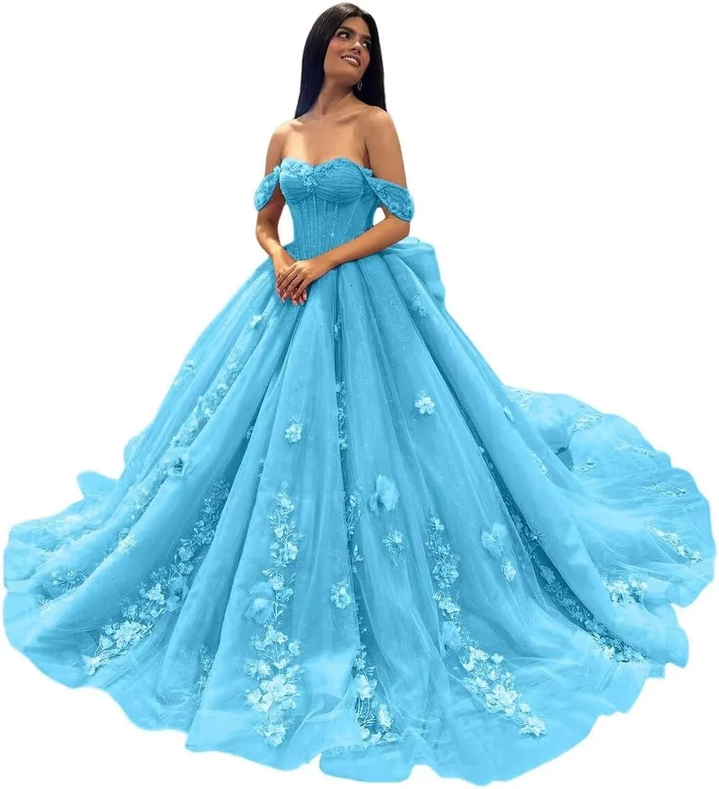 Ftupza 3D Floral Quinceanera Dresses Lace Beaded Party Gowns Off Shoudler Tulle Ball Gown for Sweet 15 16 Dresses
