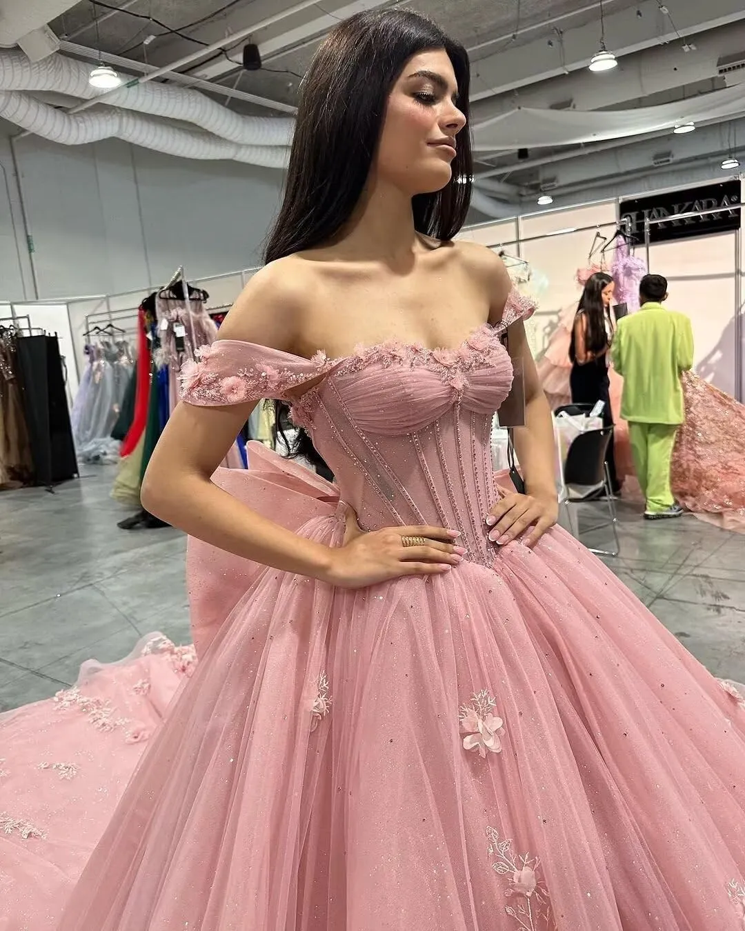 Ftupza 3D Floral Quinceanera Dresses Lace Beaded Party Gowns Off Shoudler Tulle Ball Gown for Sweet 15 16 Dresses