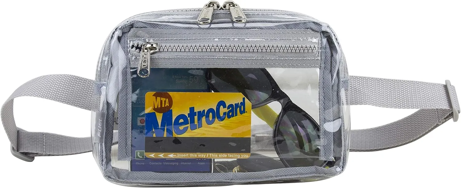 Fuel Transparent Clear Fanny Pack, Stadium Security Approved Adjustable Waist Belt Bag for Running, Hiking, Biking, Travel, Sports, Soft Silver Gray