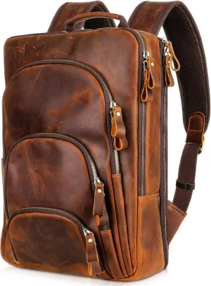 Full Grain Leather Backpack 15.6" Laptop Bag Men's Vintage Genuine Leather Business Travel Hiking Camping Daypack