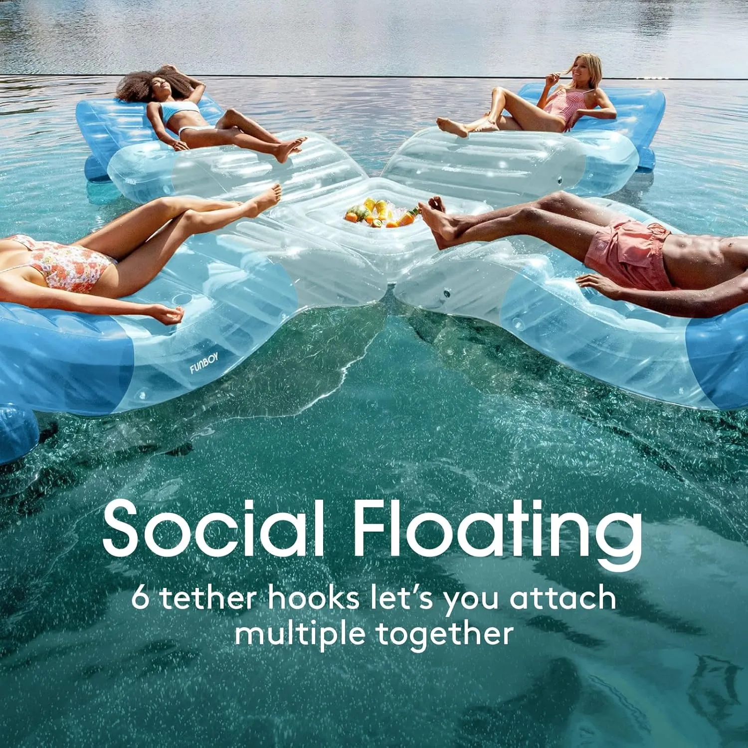 FUNBOY Giant Inflatable Luxury Tri-Color Blue Chaise Lounger, Chair Pool Float for Adults, Transparent Blue Material, Perfect for a Summer Pool Party