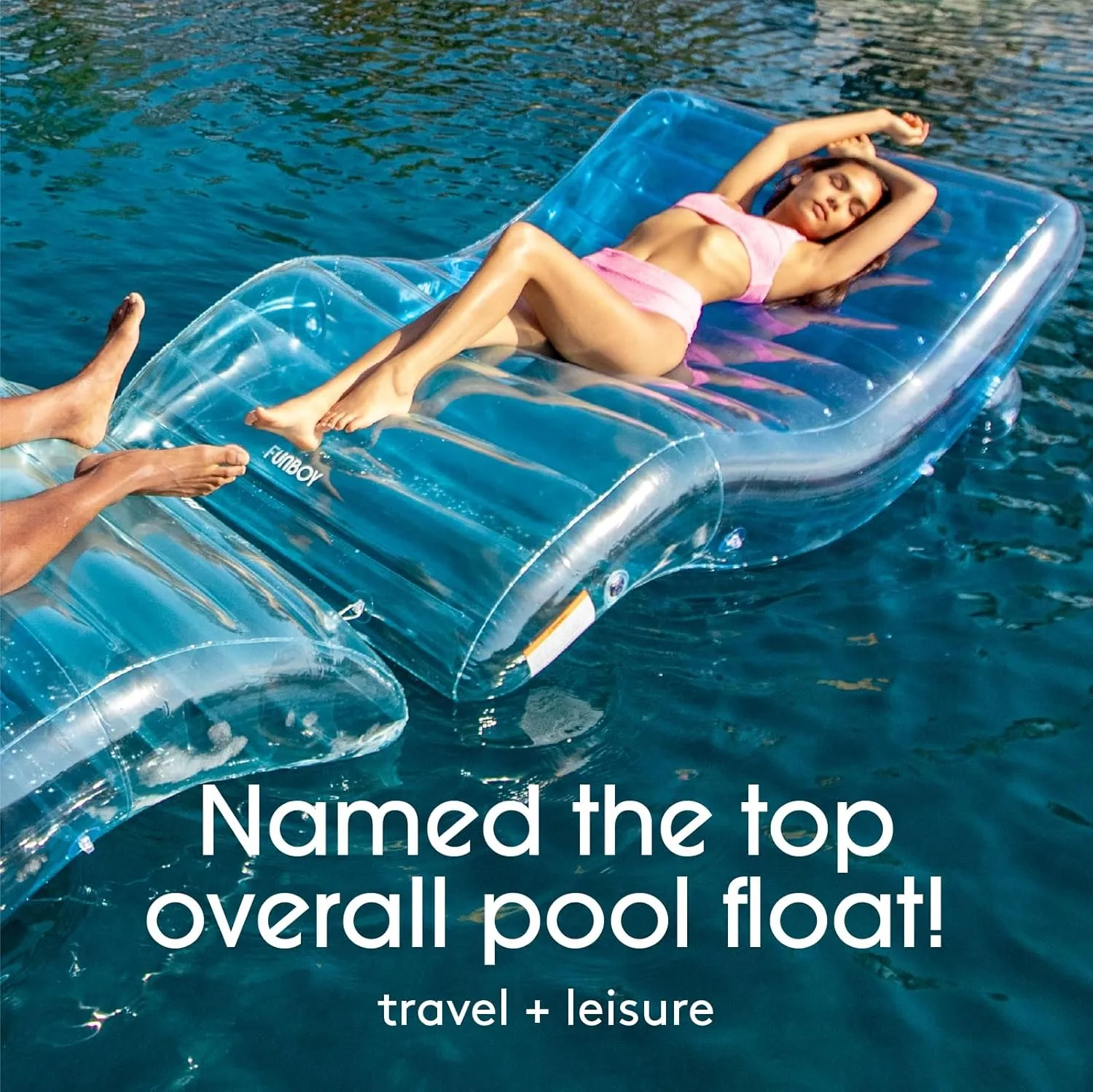 FUNBOY Giant Inflatable Luxury Tri-Color Blue Chaise Lounger, Chair Pool Float for Adults, Transparent Blue Material, Perfect for a Summer Pool Party