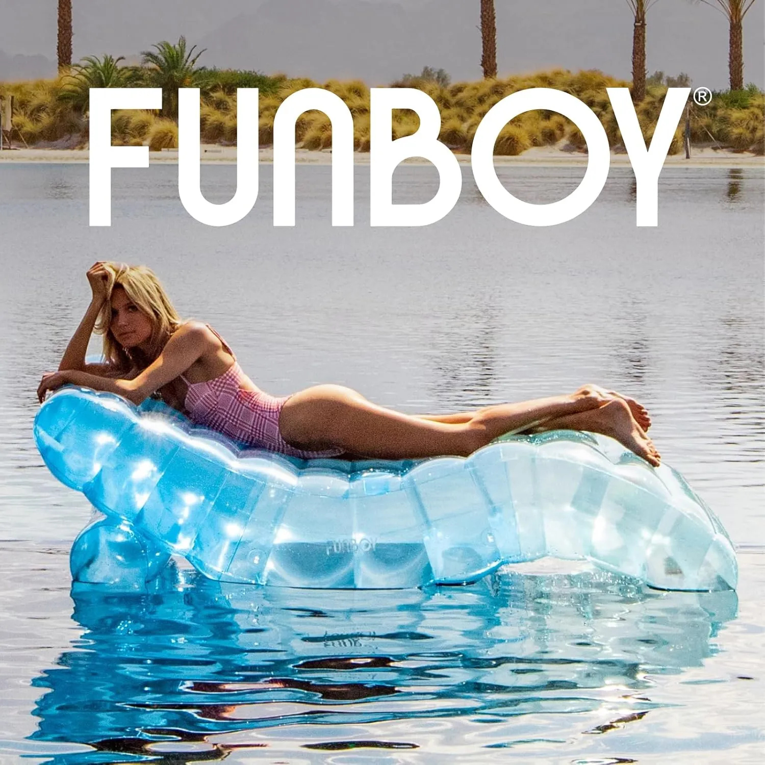 FUNBOY Giant Inflatable Luxury Tri-Color Blue Chaise Lounger, Chair Pool Float for Adults, Transparent Blue Material, Perfect for a Summer Pool Party