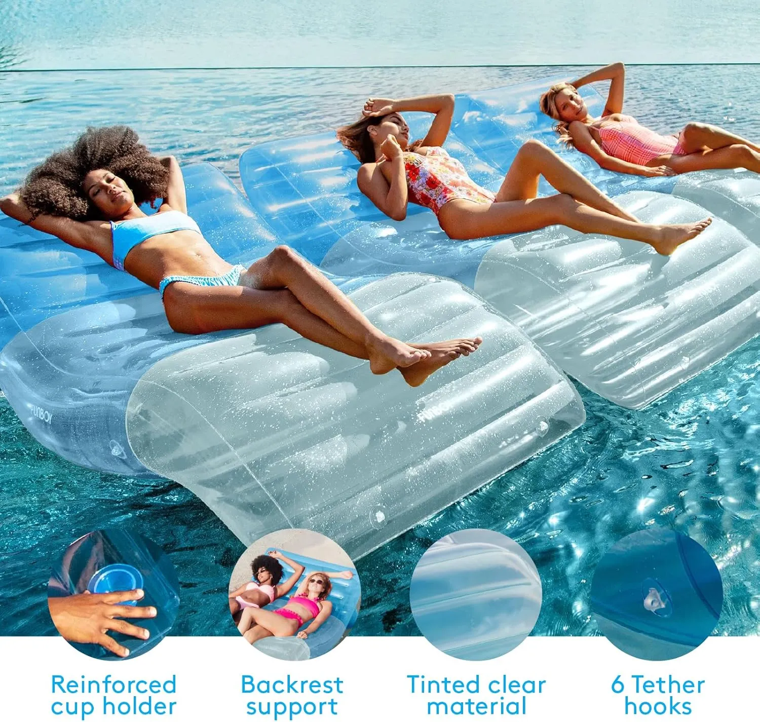 FUNBOY Giant Inflatable Luxury Tri-Color Blue Chaise Lounger, Chair Pool Float for Adults, Transparent Blue Material, Perfect for a Summer Pool Party