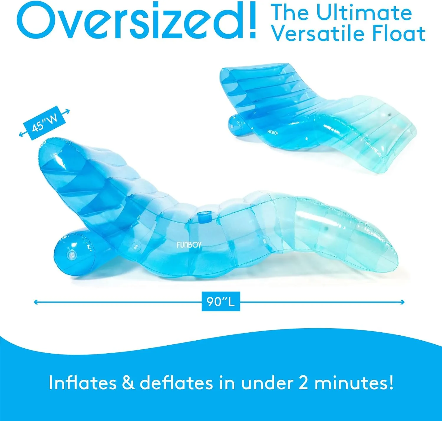 FUNBOY Giant Inflatable Luxury Tri-Color Blue Chaise Lounger, Chair Pool Float for Adults, Transparent Blue Material, Perfect for a Summer Pool Party