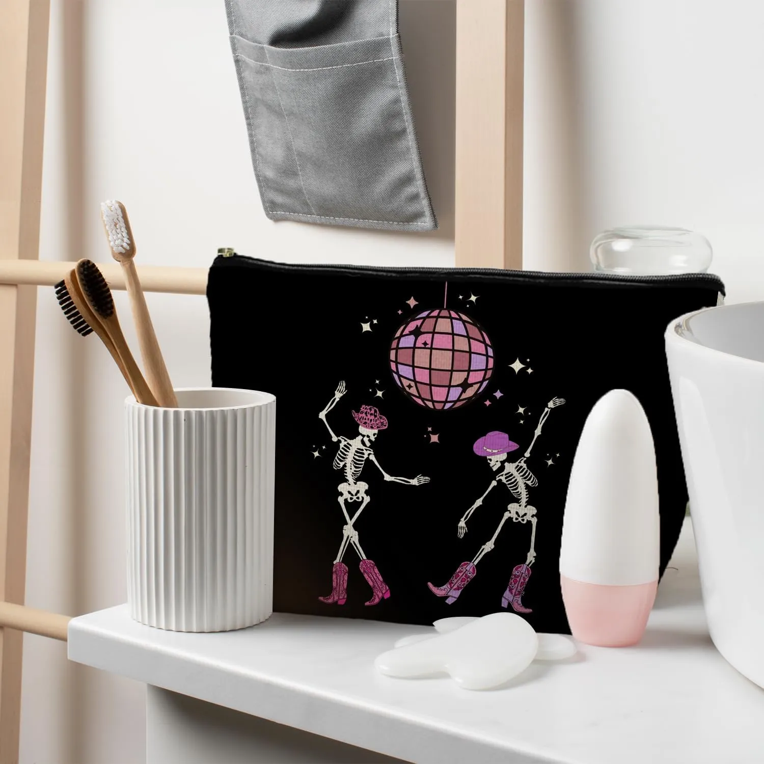 Funny Disco Dancing Skeleton Makeup Bag, Goth Gothic Skull Cosmetic for Women, Halloween Gifts, Dark Academia Makeup Pouch, Horror Bag