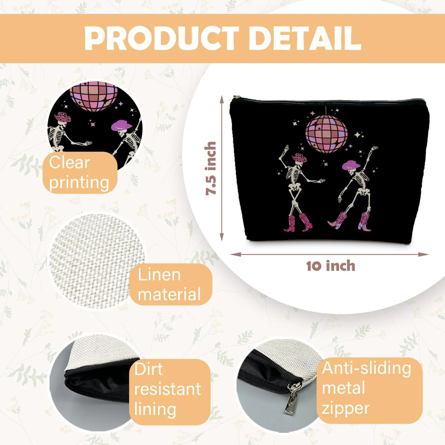 Funny Disco Dancing Skeleton Makeup Bag, Goth Gothic Skull Cosmetic for Women, Halloween Gifts, Dark Academia Makeup Pouch, Horror Bag
